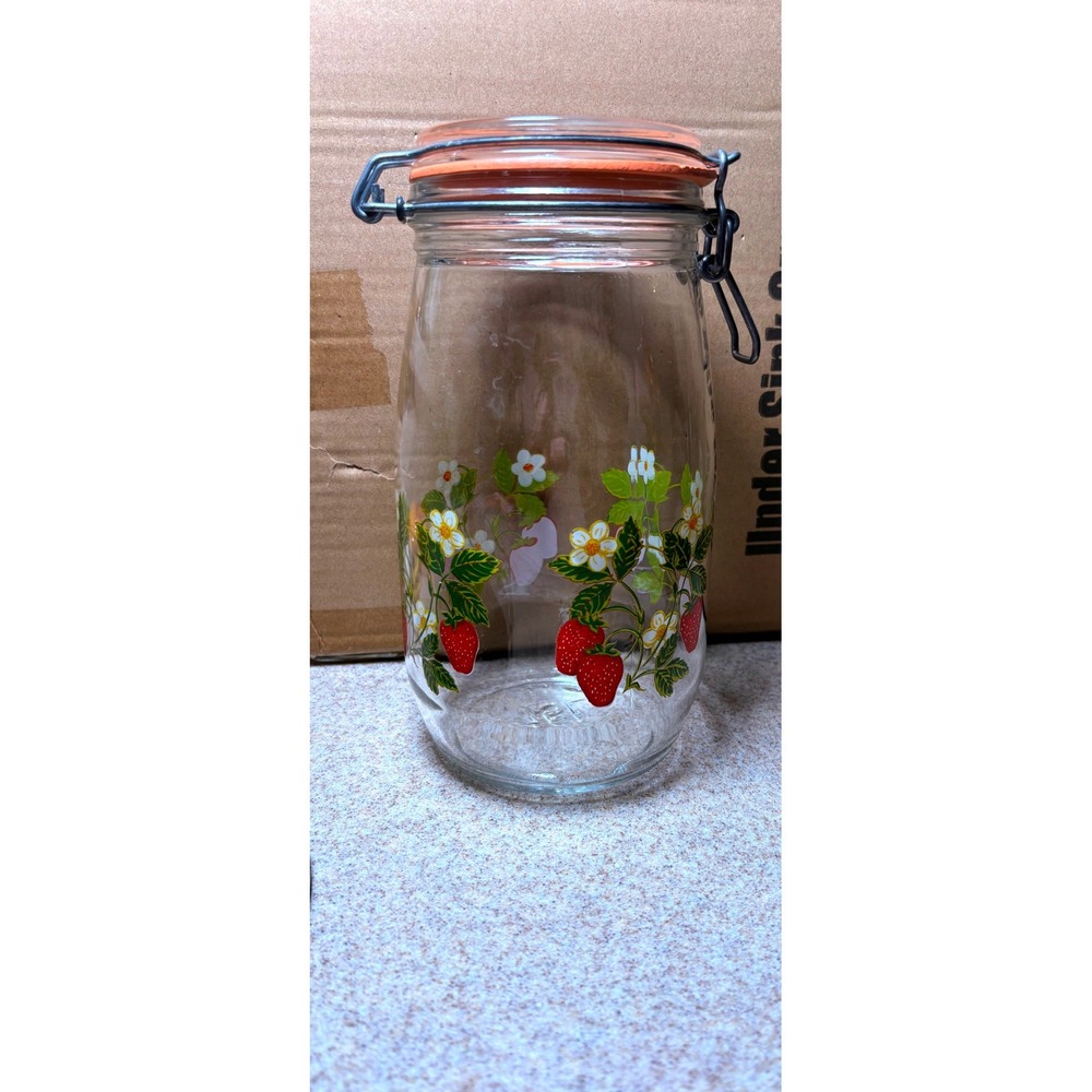 Arc France Strawberry Glass Canister 1.5L Clear Good Vintage Swing Top Jar